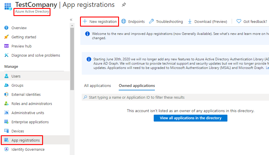 Azure portal, New App Registration button