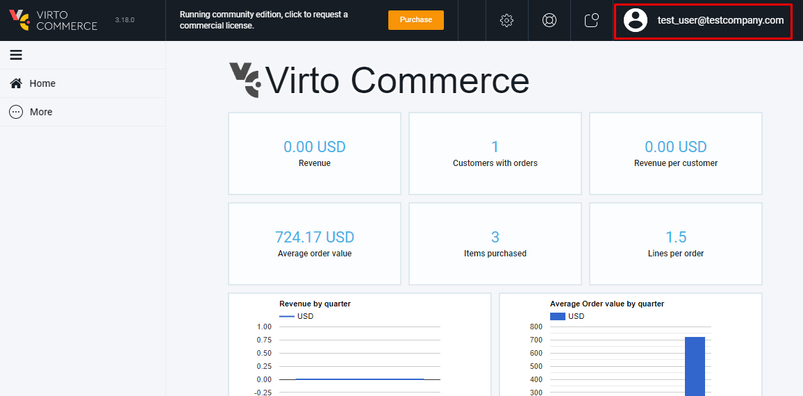 Virto Commerce Platform Manager, after successful sign-in