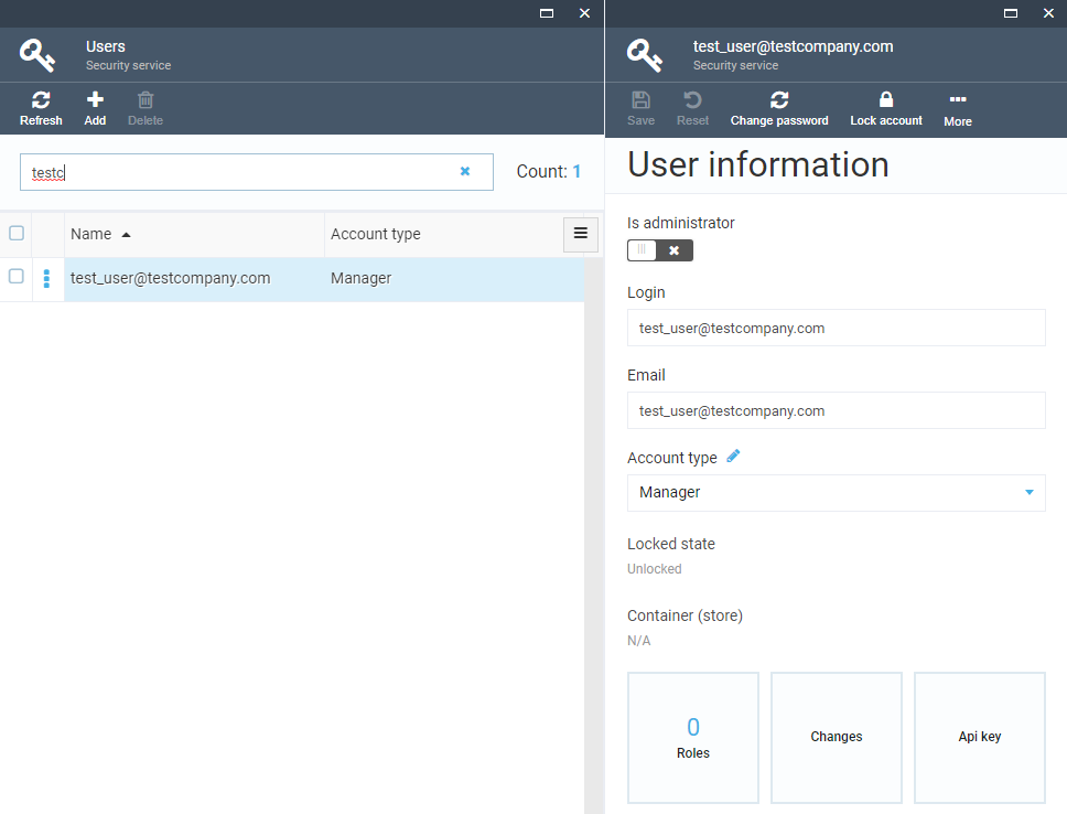 Virto Commerce Platform Manager, details of the user signed in with Azure AD